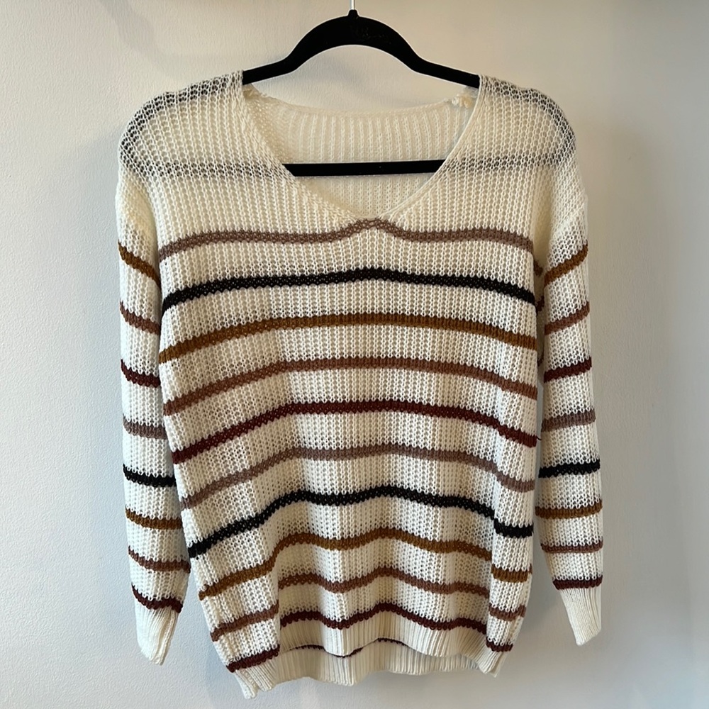 Long Sleeve Striped Cream Top - Size Small